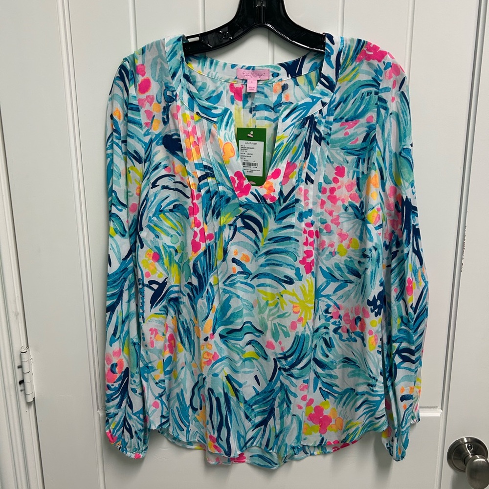 Lilly Pulitzer Blue Tropical Print Long-Sleeve Blouse - Picture 2 of 3